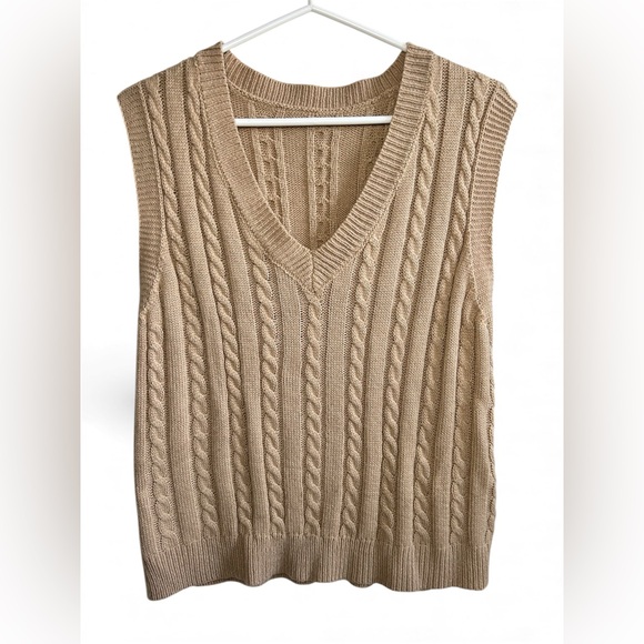 SHEIN V-Neck Cable Knit Sweater Vest - Beige - Picture 1 of 4